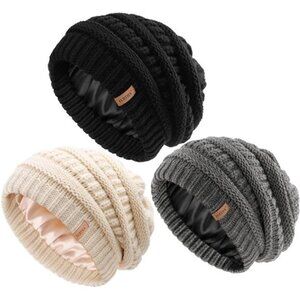 Womes Slouchy Winter Beanie Knit Hat Satin Lined 3 Pack Thick Warm